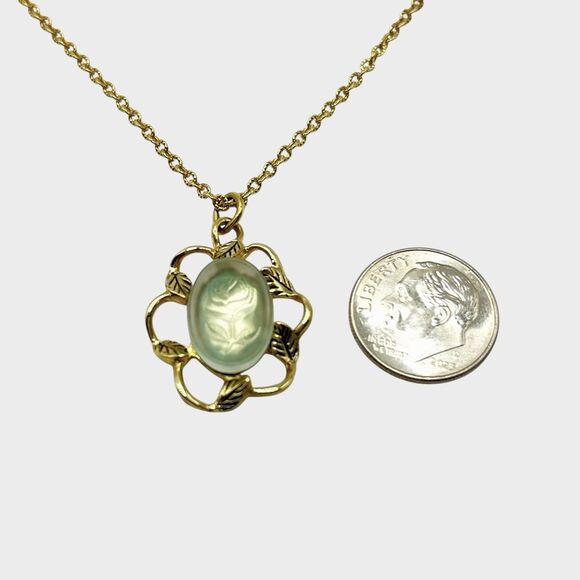 Vintage Sarah Coventry Oval Frosted Green Flower Pendant Necklace Gold Tone 18" - Picture 6 of 10